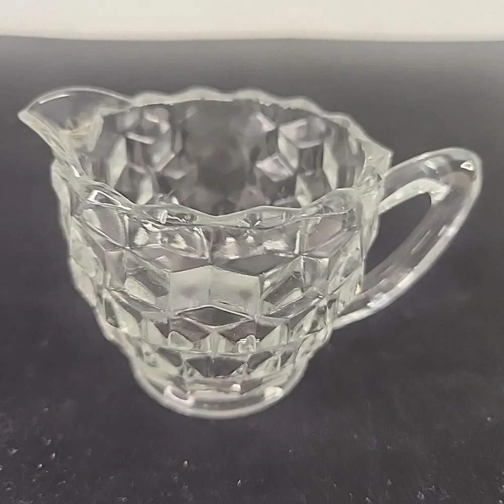 Cream & Sugar Bowl Glass Geometric Pattern Scalloped Rims Sunburst Bottoms VTG